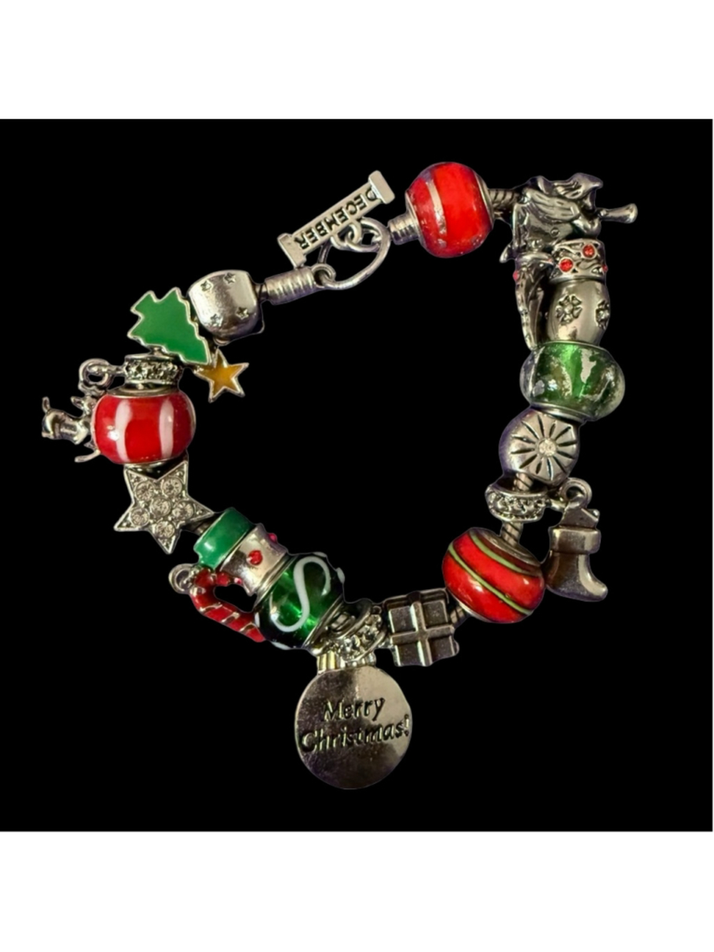 VINTAGE December Christmas Holiday Ornament Slider Rondelle Charm Bracelet 90s